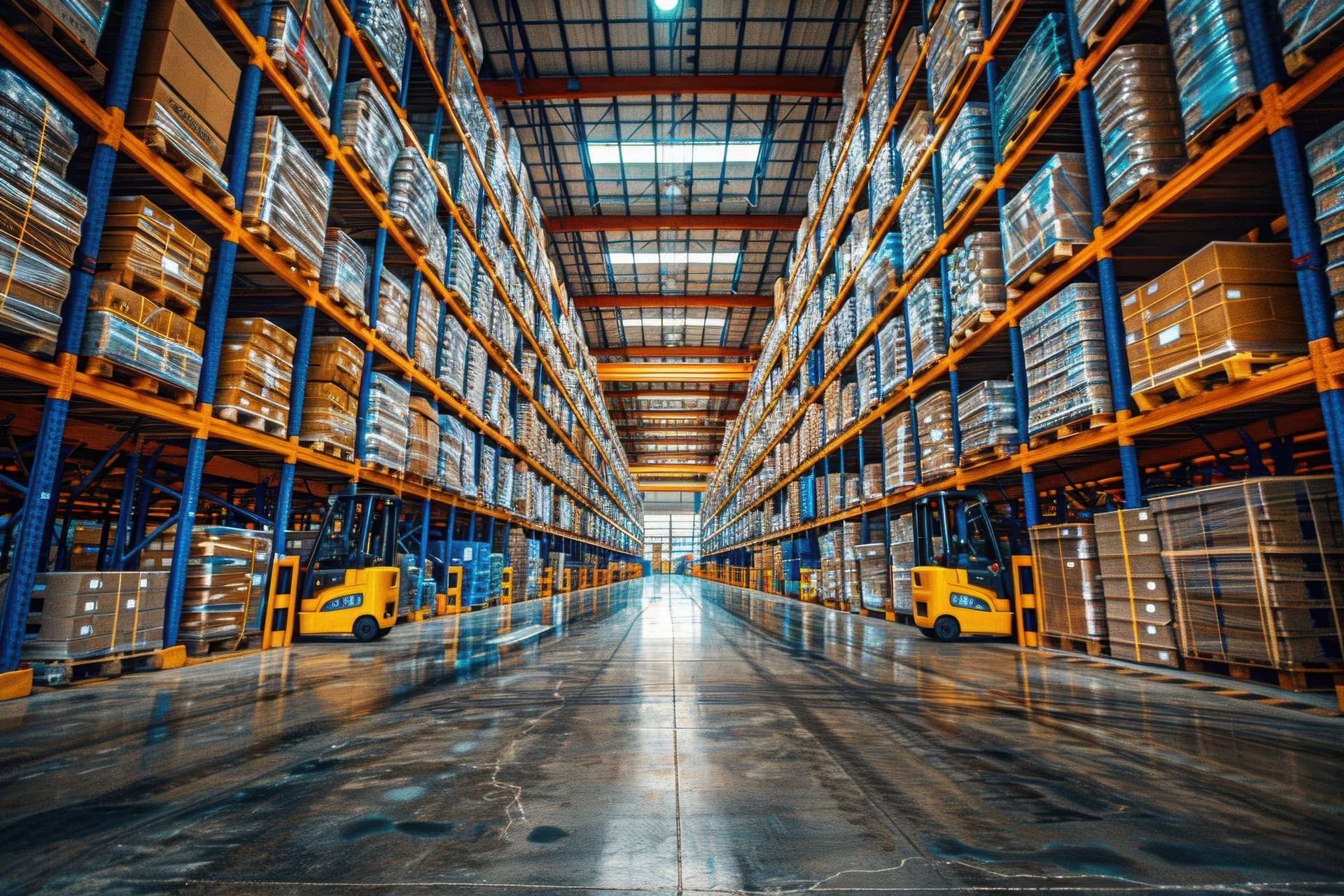 Yüksek raflarla dolu geniş bir antreponun koridoru ve forkliftler