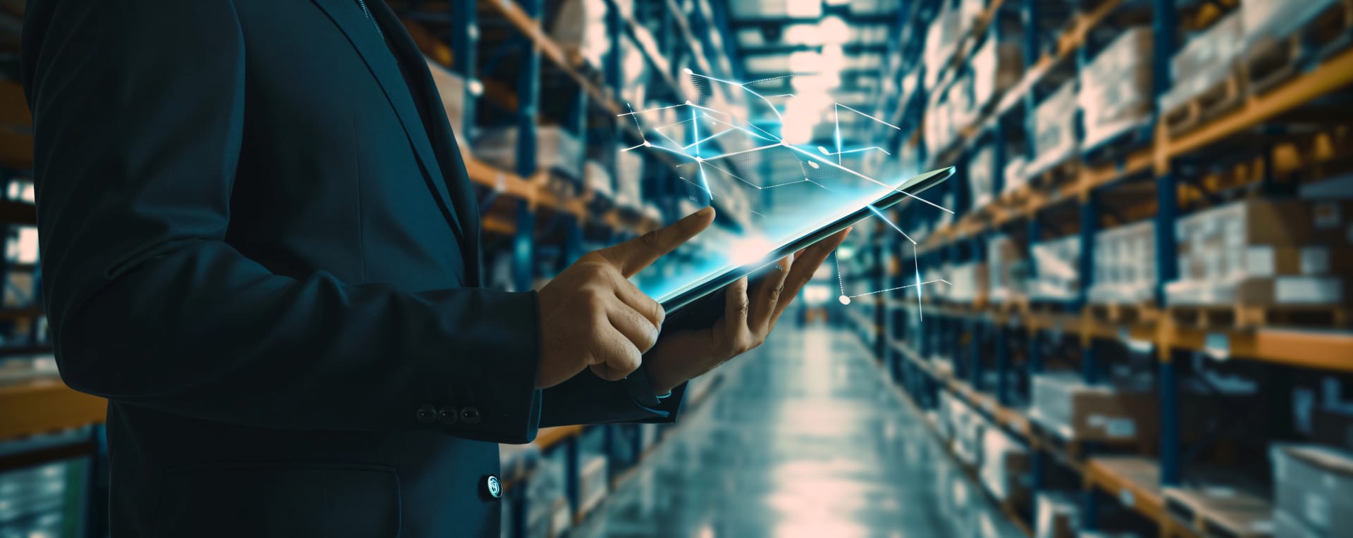 Depo raflarının önünde tablet kullanan bir çalışan