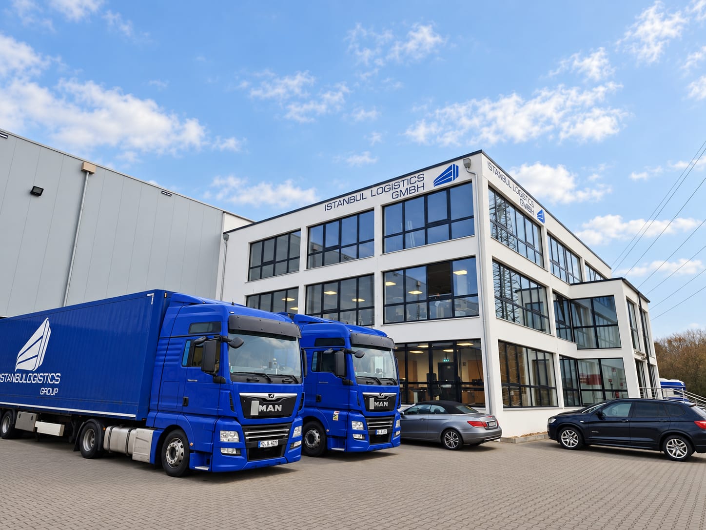 Istanbul Logistics Avrupa deposunun önünde duran mavi tırlar