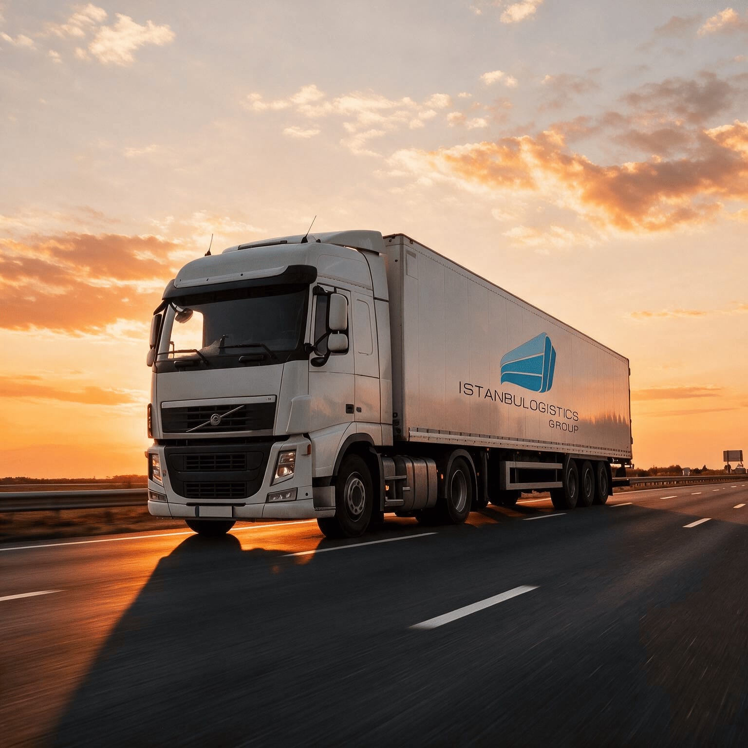 Gün batımında yolda ilerleyen Istanbul Logistics tırı
