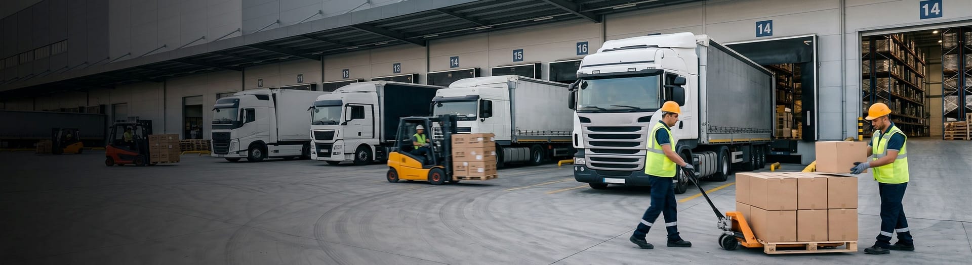 Depo rampasında yüklenen tırlar ve forklift