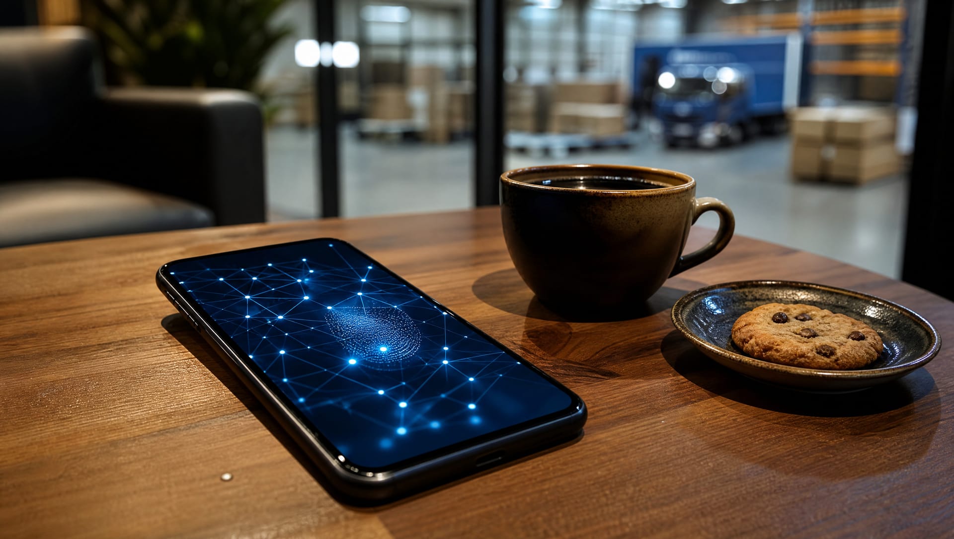 Masada ekranında veri ağı görünen telefon, kahve fincanı ve kurabiye